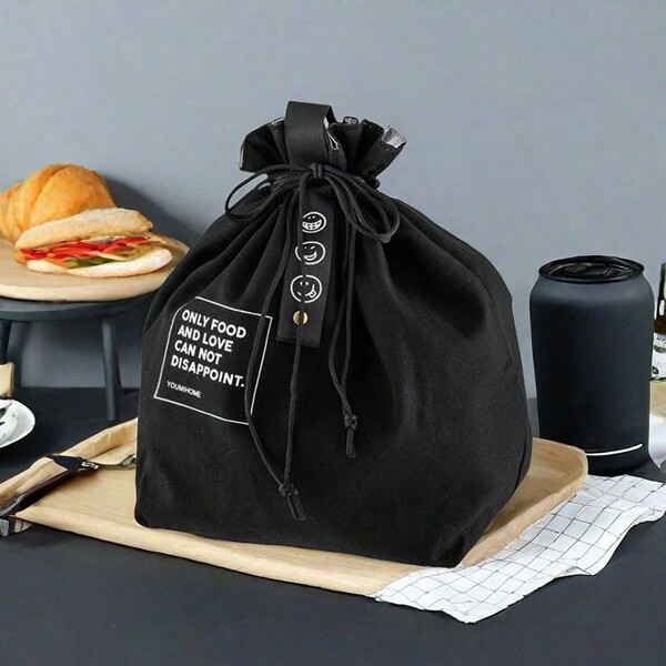 Simple Drawstring Thermal Lunch Bag, Japanese Style Linen Industrial Fabric Canvas Picnic Bento Bag (Drawstring Material Random) Insulated Woman Lunch Box Bag For Women Ladies School Supplies Stuff Accessories