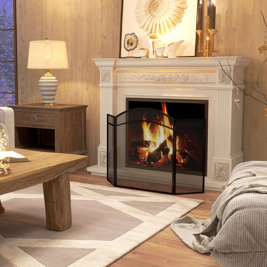 HOMCOM Salvachispas para Chimenea de 3 Paneles Protector de Chimenea Plegable Pantalla de Chimenea con Estructura de Metal 96x60 cm Negro - Negro - Ver 1