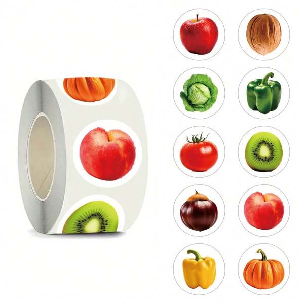 500 Stücke/Rolle Obst- & Gemüse Motiv 1-Zoll Aufkleber Rolle mit 10 Mustern, süßes Cartoon Asthetik, selbstklebend für Scrapbooking, Bürobedarf, Karten, Umschläge, Geschenke für Kinder, Jugendliche Party Zubehör, Belohnung Motivation