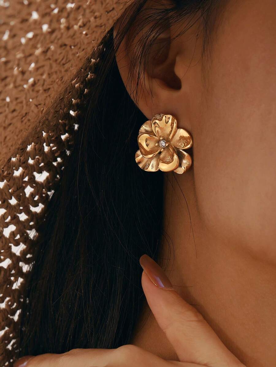 1 对法式复古不锈钢 18K 镀金花卉耳钉，女士时尚珠宝 - 金黃色 - 查看 1