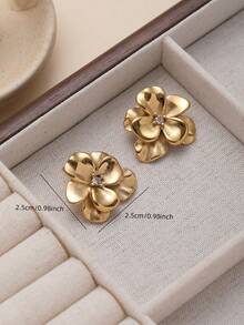 1 对法式复古不锈钢 18K 镀金花卉耳钉，女士时尚珠宝 - 金黃色 - 查看 4