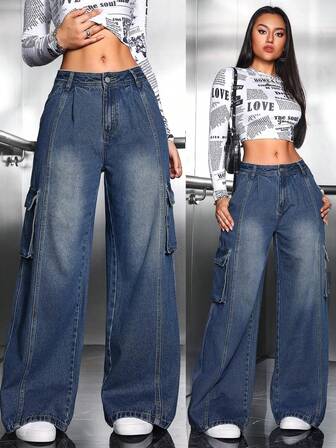 Women's High Waist Wide Leg Vintage Washed Blue Denim Jeans With Multiple Pockets