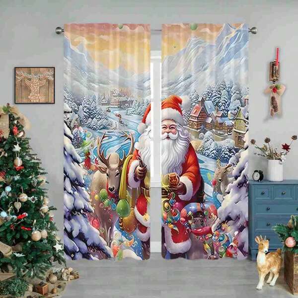 2 szt. dekoracyjne zasłony z motywem świątecznym, renifery i Święty Mikołaj, z poliestru, kieszenie na drążek, odpowiednie do salonów, sypialni, gabinetów, kuchni, kawiarni - wielofunkcyjne dekoracje domu i artykuły imprezowe, nadające się do prania w pralce