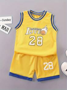 2pcs/Set Boys' Basketball Jersey And Shorts Set, Summer - Yellow - View 1