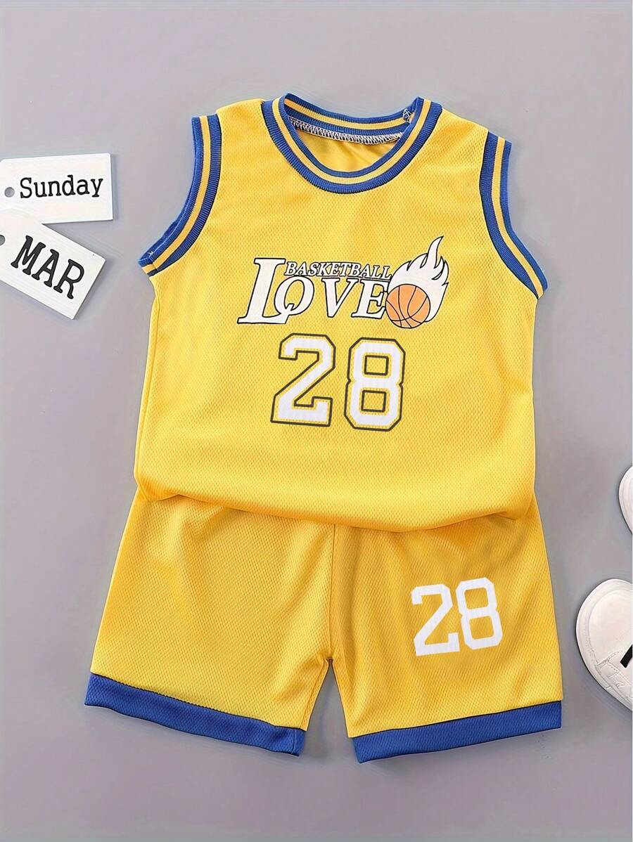 2pcs/Set Boys' Basketball Jersey And Shorts Set, Summer - Yellow - View 1