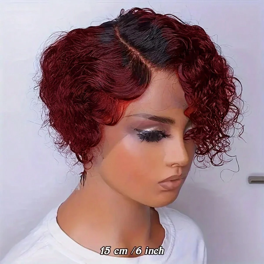 BINF T1B/99J Short Bob Curly Pixie Cut Wig 13X1 HD Transparent Lace Human Hair Wigs For Black Remy Deep Curly Lace Wig Pre Plucked Hairline - Burgundy & Đỏ đô - Xem 1