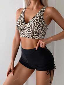 Nuevo bikini sexy con tiras gruesas y acolchadas, estampado de leopardo, escote profundo en V, separado con cordones, traje de baño de moda para mujer para la playa y el verano