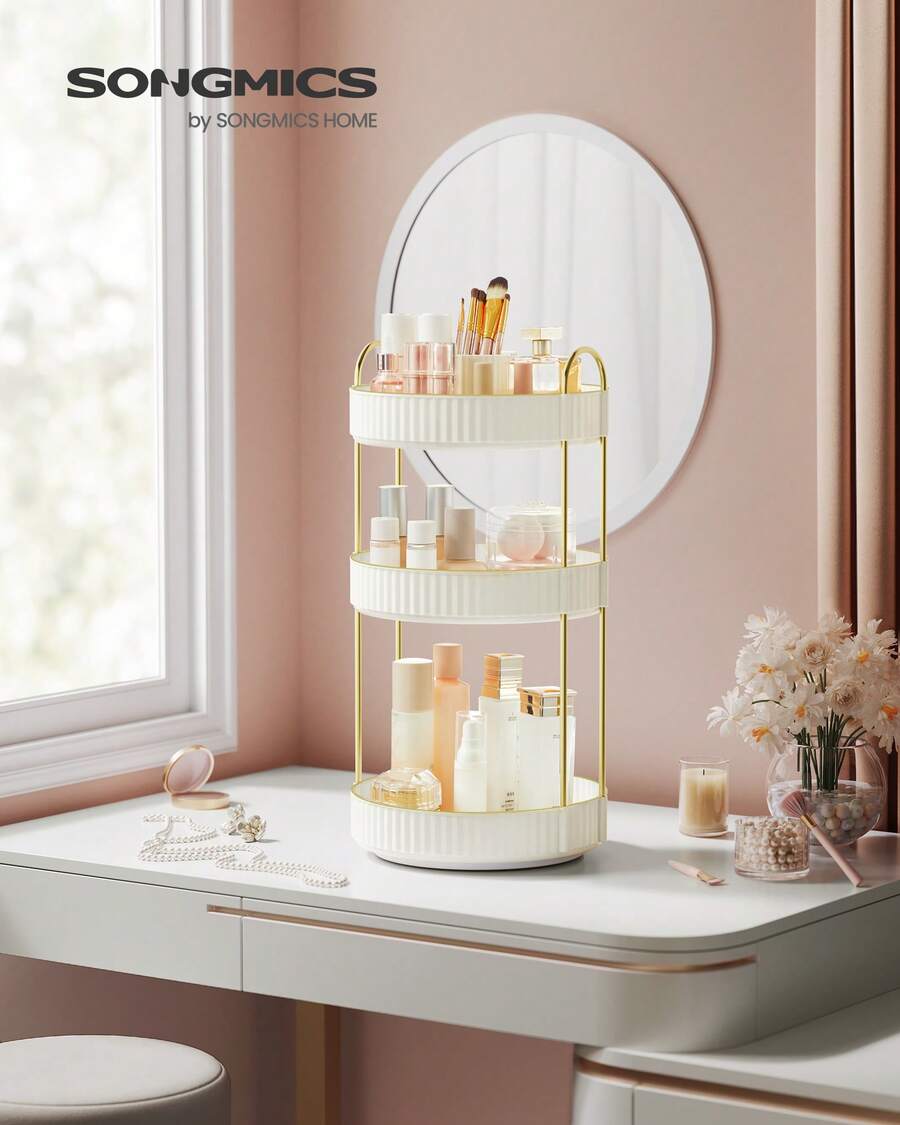 SONGMICS Makeup Organizer, 3-Tier Round Rotating Skincare Organizer Countertop, Customizable, Toiletries Vanity Organizer, Lazy Susan, Gift - 白色 - 查看 1