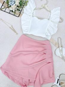 ELLIE Tailored Set Of Cropped Top With Padding + Skirt With Shorts - 白色和粉紅色 - 查看 5