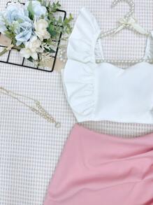 ELLIE Tailored Set Of Cropped Top With Padding + Skirt With Shorts - 白色和粉紅色 - 查看 4