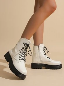 时尚搭配连衣裙，女士秋冬新款圆头系带粗跟机车靴，白色，时尚男女通用英伦风战斗踝靴，女靴 - 白色 - 查看 4