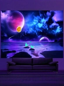 1 件星空蝴蝶银河宇宙星球夜光荧光挂毯，现代创意梦幻黑光装饰，适用于客厅、卧室、办公室、家居装饰/派对装饰壁挂，房间旗帜，房间装饰，挂毯，墙壁装饰，墙壁艺术，房间用品，房间旗帜，挂毯，壁挂 - 彩色 - 查看 9