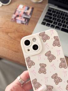 Cute Pink White Bear Pattern Silicone 1pc Vintage White Bowknot Soft Silicone Phone Case Compatible With IPhone 11/12/13/14/15 Pro Max Waterproof Shockproof Anti-Fall Scratch Resistant Apple Spring Birthday Party Gift - Multicolor - View 4