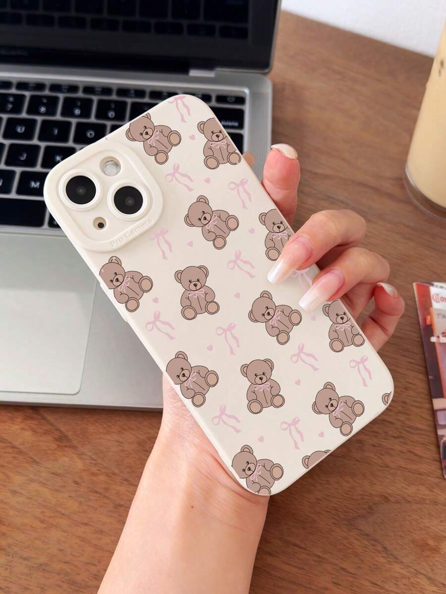 Cute Pink White Bear Pattern Silicone 1pc Vintage White Bowknot Soft Silicone Phone Case Compatible With IPhone 11/12/13/14/15 Pro Max Waterproof Shockproof Anti-Fall Scratch Resistant Apple Spring Birthday Party Gift - Multicolor - View 1