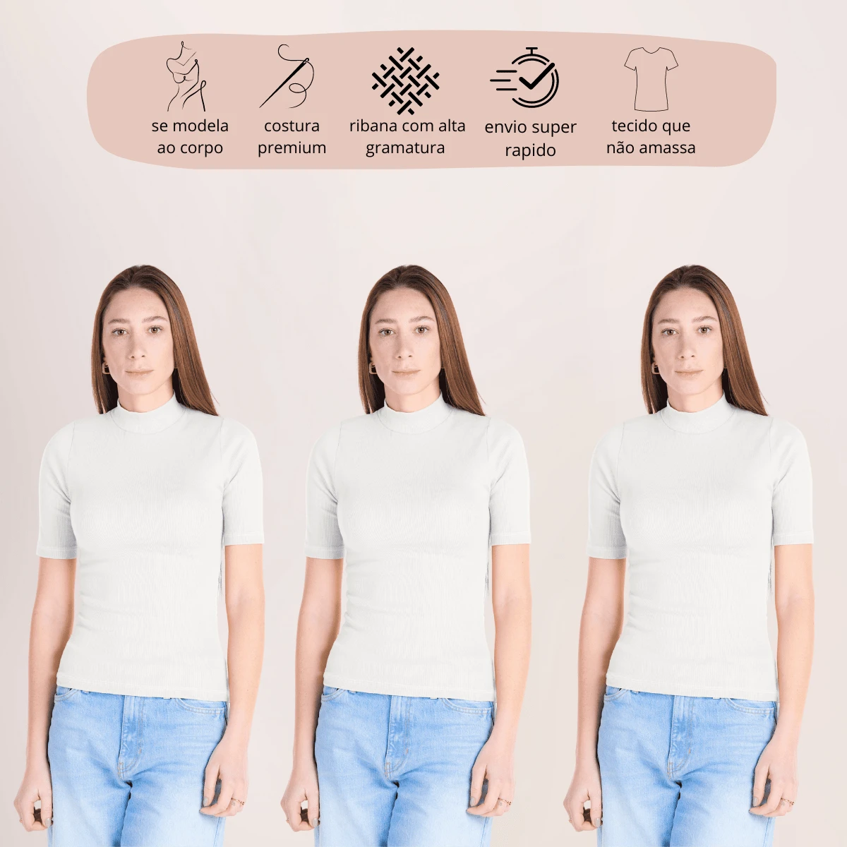Kit Of 3 High Neck Ribbed Cotton Blouses With 3/4 Sleeves - Women's Basic Casual Shirt - 3 白色 - 查看 1