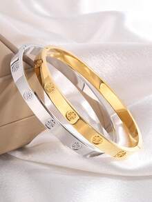 1 Chiếc Vòng Tay Bằng Thép Không Gỉ Nhiều Tông Màu Đơn Giản Và Thời Trang Thích Hợp Để Đeo Hàng Ngày, Quà Tặng Ngày Lễ Cho Bạn Gái - vòng tay dập nổi gạo - Xem 5