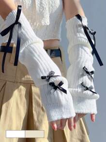 1 双秋冬保暖针织臂套，适合女孩，时尚 Y2K 千禧风格无指手套，带蝴蝶结装饰，适合日常穿着、居家、外出、舞台表演 - XN283# - 查看 1