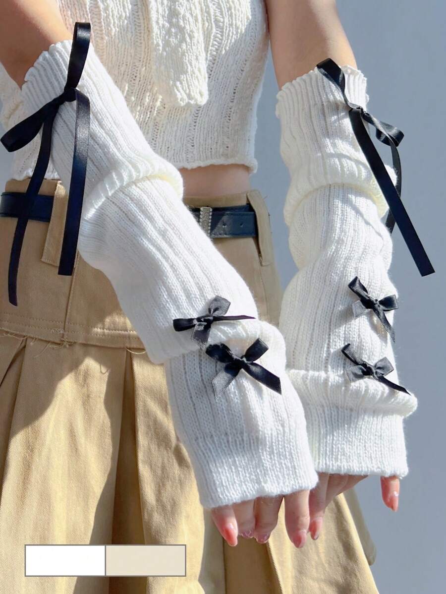 1 双秋冬保暖针织臂套，适合女孩，时尚 Y2K 千禧风格无指手套，带蝴蝶结装饰，适合日常穿着、居家、外出、舞台表演 - XN283# - 查看 1