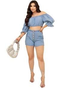 Women's Short And Cropped Kit Set  Jeans Short With Buttons With Bow Plain Summer Fashion Premium - 淺色水洗藍 - 查看 4