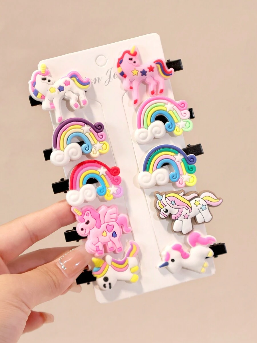 10pcs Cute Unicorn Hair Clips (Accessory Color And Card Packaging May Vary From Actual Item)