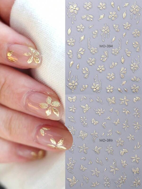 2 piezas Pegatinas de arte de uñas con diseño 3D de hojas y flores en color dorado bronce - Diseño lujoso con pétalos de flor, flores de cerezo, lazo y líneas metálicas doradas - Decoración autoadhesiva para manualidades y diseño de uñas