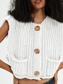 Women's Solid Color Knitted Pocket Decor Chunky Knit Vest - Beige - View 4