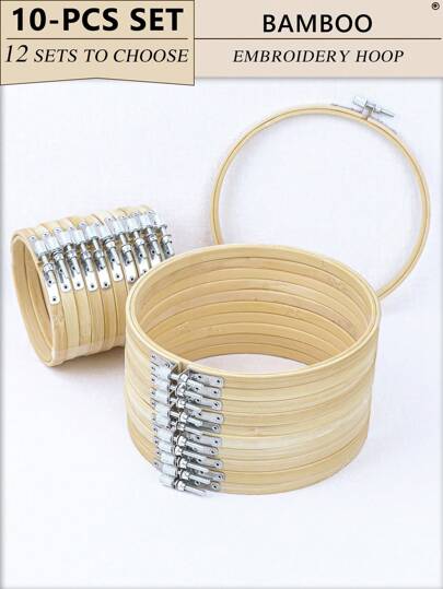 10pcs/Set Khaki & Green Bamboo Embroidery Cross Stitch Hoops, DIY Handicraft, Can Be Used As Home Decor, Halloween & Christmas Ornament, Phone Keychain, Bag Charm, Desk Decor, Car Pendant