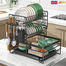 Dish Drying Rack, 3 Tier Large Capacity Drainer Rack With Removable Drip Tray, Stainless Steel Kitchen Dish Drainer With A Cutlery Holder - Black - View 1