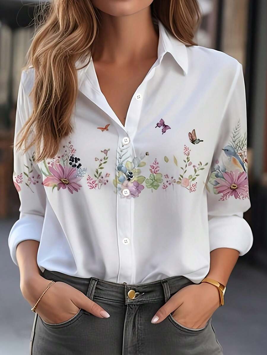 Women's Spring/Summer European&American Style Printed Button Up Casual Blouse - White - View 1