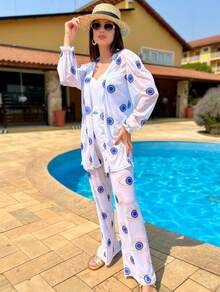 ZRA PREMIUM PRINTED TULLE BEACH RESORT POOL SET - 白色希臘眼 - 查看 2
