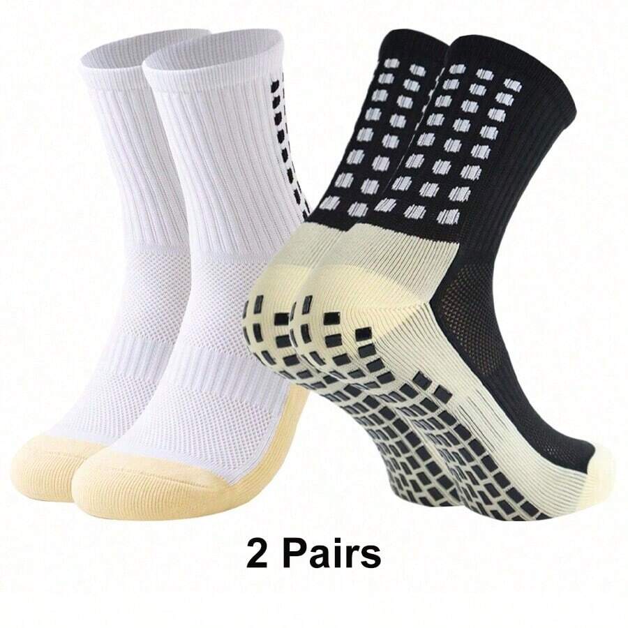2 Pairs Sports Outdoor Men's Soccer Socks Anti Slip Non-Slip Gripper Pads For Football Basketball Sports With Grippers Socks - 黑與白 - 查看 1