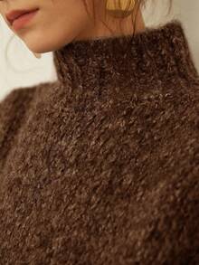Knit Mix 優雅女款粗針織法式高領長袖毛衣，低調復古硬幣圖案套頭衫，秋季休閒款 - 咖啡棕 - 查看 7
