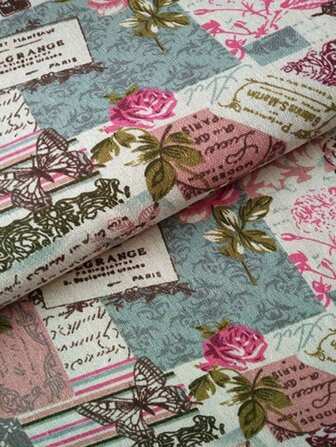 قماش كتاني أزرق مزخرف بالزهور مقاس 145 سم * 50 سم، مناسب لل- DIY و التكسير والتنجيد والمفارش والستائر والأكياس والوسائد