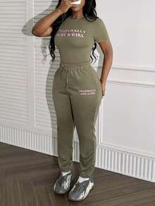 LovelyWholesale Women'S Casual Round Neck Letter Printed Short Sleeved Top And Drawstring Pants Set For Autumn Clothing For Women