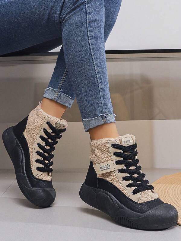 Women's Plush Fleece Warm Boots, Thick Sole Versatile Thermal Lined Boots, High-Top Lace-Up Fuzzy Short Boots Suitable For Winter