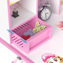 2Pcs/Set Kids Study Desk Chair Set, Height Adjustable Children School Study Table Chair Set With Sitting Corrector, Ergonomic Desk Chair With Book Stand, Foot Pedal, Partition Design (Pink, Blue)