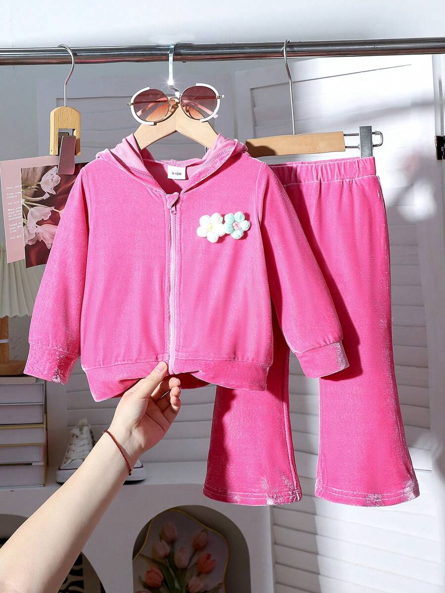 2pcs/Set Baby Girls Casual 3D Floral Hooded Jacket And Sweatpants Outfit - Hot Pink - View 1