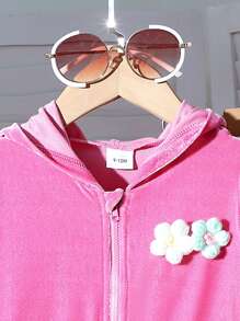 2pcs/Set Baby Girls Casual 3D Floral Hooded Jacket And Sweatpants Outfit - Hot Pink - View 3