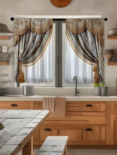 2pcs Multi-Color Digital Printed Curtain For Kitchen, Modern Polyester Brushed Fabric Home Decor Hanging Kitchen Curtains, Suitable For Daily Use All Season