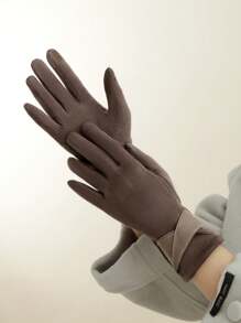 1 Pair Solid Color Casual Faux Suede Bowknot Warm Gloves, Suitable For Women Driving, Cycling In Winter, Touchscreen Capability Halloween