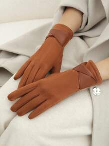 1 Pair Solid Color Casual Faux Suede Bowknot Warm Gloves, Suitable For Women Driving, Cycling In Winter, Touchscreen Capability Halloween