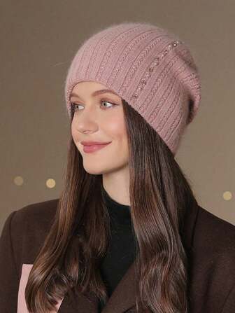 1 pieza Sombrero de punto con doble capa y decoración de perlas para mujer, gorro para calentar las orejas, gorro de punto grueso para mamá, invierno