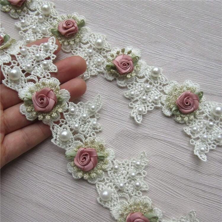 1.96 Inch Vintage Gold Pearl Rose Flower Fabric Rhinestone Decor Floral Applique Lace Ribbon Craft, DIY Sewing Supplies - Multicolor - View 17