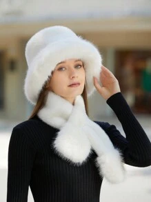 LEAJOURNO. 1set New Plush Bucket Hat And Scarf 2pcs Set For Women Autumn Winter Warm Bucket Hat And Neck Warmer - White - View 1