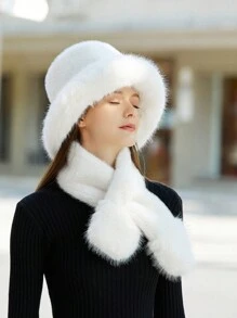 LEAJOURNO. 1set New Plush Bucket Hat And Scarf 2pcs Set For Women Autumn Winter Warm Bucket Hat And Neck Warmer - White - View 4