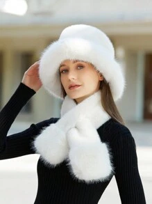 LEAJOURNO. 1set New Plush Bucket Hat And Scarf 2pcs Set For Women Autumn Winter Warm Bucket Hat And Neck Warmer - White - View 3