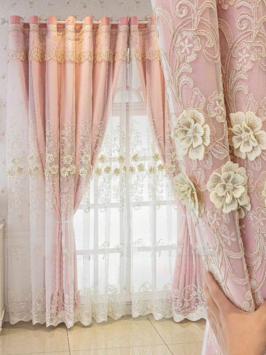 1pc Flower Decor Double Layer Single Panel Blackout Curtain Polyester Curtain For Living Room Window And Bedroom Festival Decor For All Season - Pink - View 1