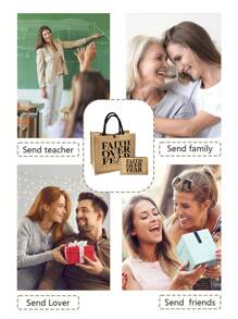 基督教主题手提包和化妆包套装，“信仰战胜恐惧”图案度假风格字母设计购物包，非常适合旅行和度假，表达信仰的最佳礼物，纽扣装饰购物袋双手柄，手提包，可重复使用，适合婚礼、生日、海滩、节日，非常适合毕业生 - 卡其色 - 查看 10