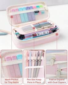 Four Candies 56 PCS Aesthetic School Supplies With Large Pencil Case, 6 Colored Ballpoint Pens, 12 Pastel Highlighters, 5 Black Ink Gel Pens, 9 Mechanical Pencils 0.5-2.0mm Student Essentials Back To School