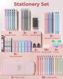 Four Candies 56 PCS Aesthetic School Supplies With Large Pencil Case, 6 Colored Ballpoint Pens, 12 Pastel Highlighters, 5 Black Ink Gel Pens, 9 Mechanical Pencils 0.5-2.0mm Student Essentials Back To School